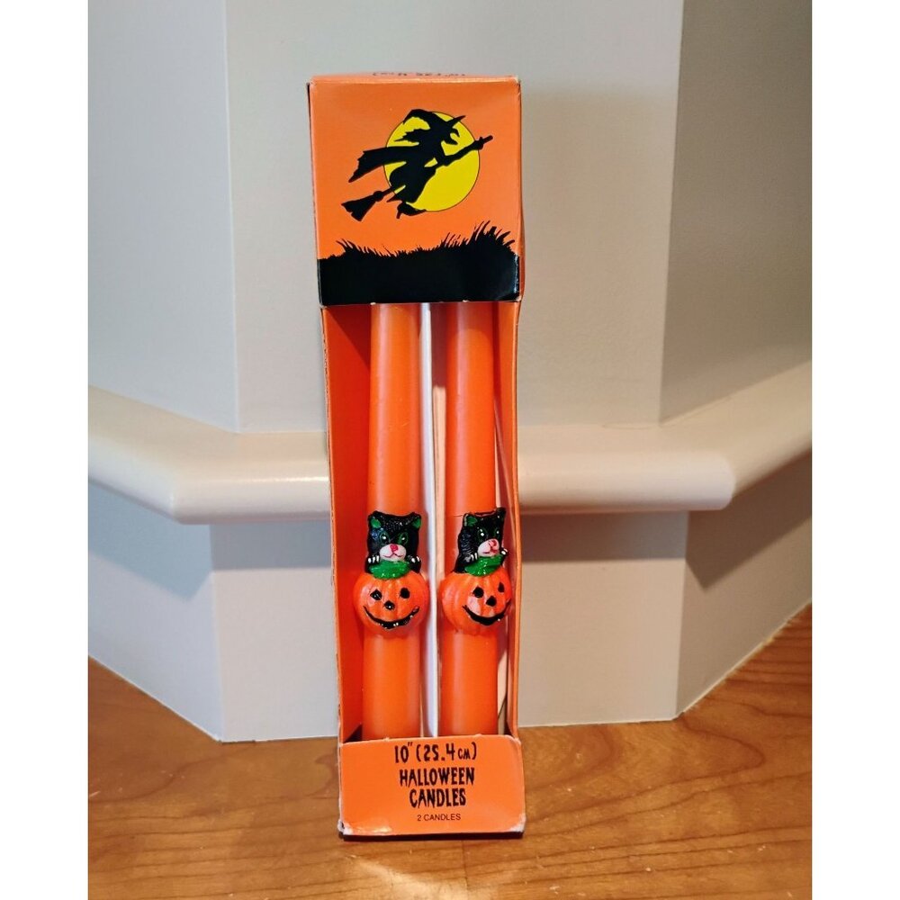 Vintage Halloween Black Cat Pumpkin Taper Candles Set Of 2 -10” Hong Kong - NOS